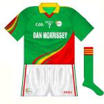 2015:
An unusual one - this style was used by some of the county's underage sides but wasn't seen on a senior team until hurlers wore it in the 2015 Walsh Cup. Any knowledge on the logic behind the design would be welcome.
