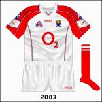 White version of the new 2002 jersey, though retaining the red sleeves. The footballers used it against Armagh, while unusually the hurlers changed away to Galway.