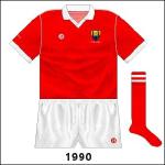 Cork won the 'Double' of All-Ireland senior hurling and football titles in 1990 - with slightly different shirts worn in the two finals. 'Corcaigh' was on right sleeve for the hurling decider against Galway.
