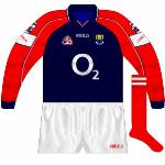 2003:
Navy version, worn when Cork donned white away to Galway in the 2003 league. Cusack wore tracksuit pants with this but we're not going to draw them.