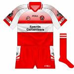 2003:
Quite a departure for Derry, with red far more prominent and the middle band in white, but the gradient effect made the upper part of the shirt look pink.