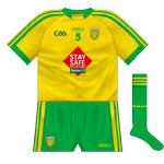 2015:
For the Ulster SFC opener against Tyrone, Donegal wore a one-off variation promoting an initiative of Aurivo - the parent company of Donegal Creameries - which sought to prevent accidents on farms.
