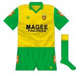 1992:
Having won the Ulster title, Donegal played Mayo in the All-Ireland semi-final, resulting in another colour-clash. Rather than wearing the Ulster colours though, a special gold and green kit was designed, and it ultimately became the first choice.