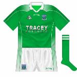 2004:
Fermanagh followed Down's lead and started wearing kits by Gaelic Gear, featuring gradients on the shoulders and side panels.