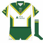 1999-2000:  Ireland pushed the boat out a bit more for the trip Down Under in '99. Mainly white, the green was far darker than usual and it appeared to take its cues from the chevrons on the Australia shirt.