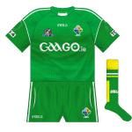 2014:
The GAA's online coverage service now grace the front. As the game was in Australia O'Neills couldn't use three stripes so there were just two on the shirt and shorts, one white and one gold. The amount of gold on the socks was certainly disproportionate.
