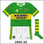 After a long gap, O'Neills returned as the Kerry jersey manufacturers with this nice effort, featuring elements of the Kerry crest on the sleeves. The shorts were very similar to the second adidas design.