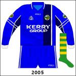 When Kerry met Offaly in the league in 2005, the Munster jersey of that period, featuring the Kerry markings, was worn. Blue shorts were also a feature, though the socks remained unchanged.