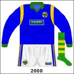 Kerry advanced to meet Meath in the national league semi-finals, but the deal with adidas had expired and so there were no new change shirts available. This set was found and worn, with the shorts sponsorship and lack of GAA logo dating it to pre-1994.