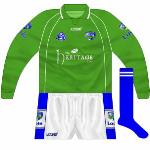 2005:
When drawn against Derry in the 2005 All-Ireland qualifiers, Laois decided that the red goalkeeper jersey would clash with the Oak Leaf County so this green version was called into action.