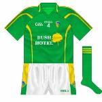 2010-11:
For the championship, the Bush Hotel logo was tweaked slightly. Leitrim did not use a number 10 in their games against Roscommon or Kildare, as a mark of respect to the late Philip McGuinness, who died in a club match in April.