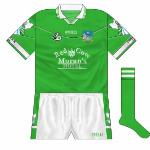 2001-03:
Introduced for the 2001 championship, the new Limerick jersey was essentially a green version of the Cork shirt brought out the previous year. The new county crest was used and also featured on the sleeves.