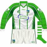 2005-08:
The new goalkeeper's jersey for 2005 followed the design of the green shirt, but did not have the central fade pattern. Hooped socks were also a new addition to the county's wardrobe this year.