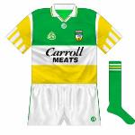 1994:
The GAA launched its new corporate logo at the All-Ireland hurling final, and its placing on the right breast meant the Guaranteed Irish logo moved to below the collar.