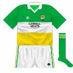 1991:
The GAA allowed shirt sponsorship for the first time, though there were strict regulations on logo sizes. Carroll Meats was the first name carried on the Offaly jersey.