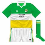 1991:
The GAA allowed shirt sponsorship for the first time, though there were strict regulations on logo sizes. Carroll Meats was the first name carried on the Offaly jersey.