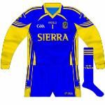 2009:
In recent years, Roscommon goalkeepers and outfielders have only been seen in short-sleeved jerseys, though the FBD final featured this long-sleeved custodian's top with the Sierra logo.