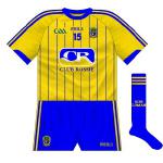 2015-:
Hard not to think of Dermot Earley when you see this, but the overall effect is lessened by the absence of the pinstripes from the sleeves. The back features an outline of county Roscommon, showing the borders of each club.