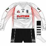 2009:
While, theoretically, the change to black meant that Sligo didn't clash with anybody, white was worn against Galway in the 2009 FBD League, possibly due to the similarity of black and maroon under floodlights. A similar design to the black jersey, it used red as a secondary colour.