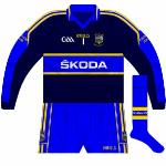 2011:
Long-sleeved version of new change jersey, worn by Cummins as he equalled the all-time championship appearance record in the Munster final against Waterford. Despite the availability of navy shorts and socks, blue ones were used.