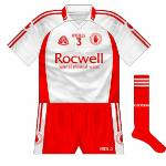 2008:
A new design introduced for 2008, with the large 'T' absent from the Tyrone sleeves for the first time since 1998. Instead a discreet Red Hand appeared among the three stripes. Rocwell logo changed too.