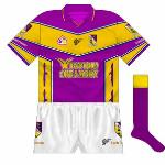 2003:
Wexford decided to join forces with new manufacturers Gaelic Gear. Their first effort, only worn for a couple of games, was similar to O'Neills' last shirt, with the pikes a nice addition but a little overdone.