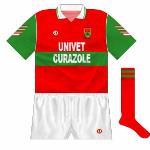 1992:
As Donegal wore the same style as Kerry at the time, Mayo and the Ulster champions had to change for the All-Ireland semi-final. With red and green switched, the sponsor was higher than on the regular shirt. 